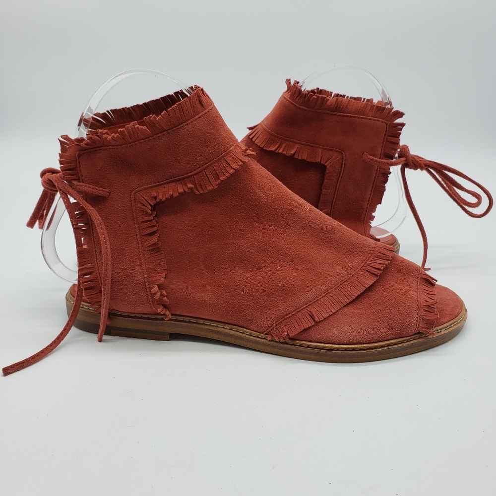 Fringed Suede Ankle Sandals Roman Boho- Rust